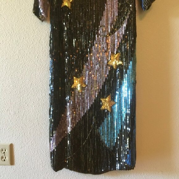 VTG 80s Black Sequins Dress Maxi Dress Gold Stars Blue Pink Lightning Bolt Sz 6 - Picture 9 of 16